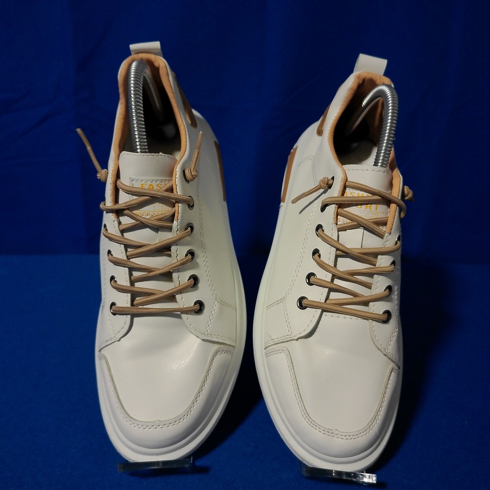 Fashion Sport Mens White Low Top Sneakers Tan Accents Casual Shoes Size 40 - Picture 3 of 8